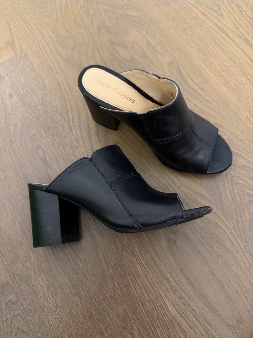 Hush Puppies Black Leather Open-Toe Block Heel Mules